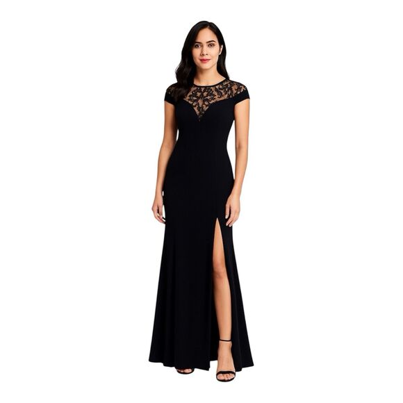 Adrianna Papell Studios Sequin Jersey Dress Black Lace 20W Maxi Slit Formal Gown - Picture 1 of 9